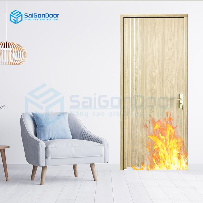 Cửa gỗ ngăn cháy phòng khách hiện đại MDF Laminate P1R2 23029